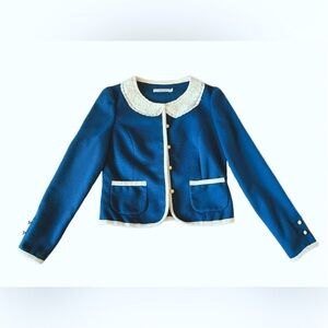 Vintage-Inspired Women’s Ribbed Jacket with Lace Collar, Pearl Buttons & Pockets